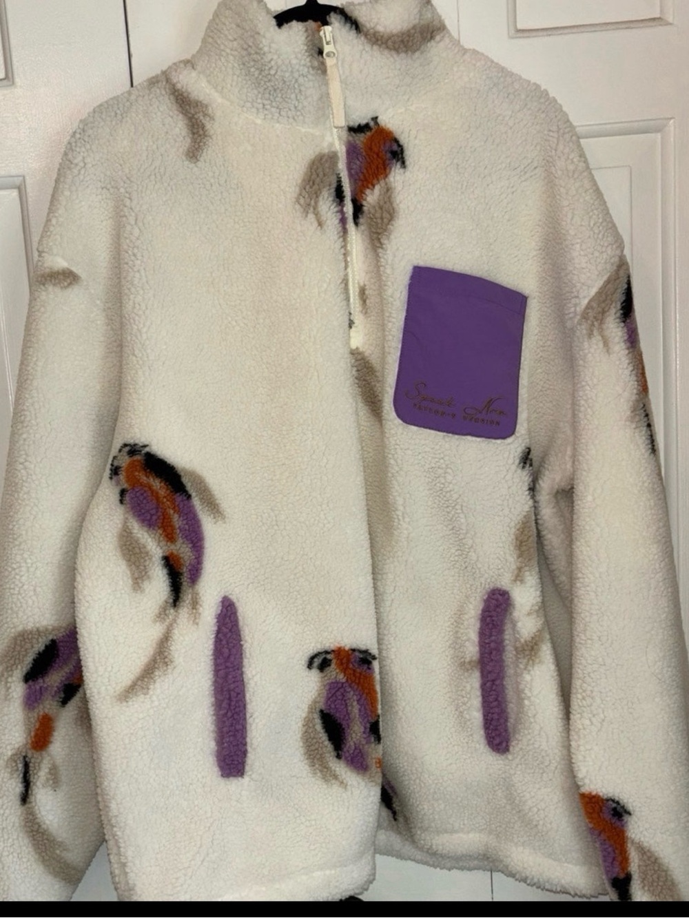 Taylor Swift Cream Sherpa Zip-Up Jacket with Purple and Orange Accents